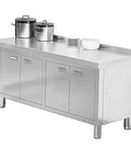 Commercial Grade Stainless Steel Prep Table With Deep Storage Cabinets Tough As Nails Construction For Restaurants Garages Cafes Or Outdoor Workshop Projects 180X80Cm with pots and bowls.