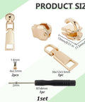 Metal Zipper Repair Kit With Detachable Zip Heads And Screwdriver Stainless Steel Zipper Pull Replacement Accessories For Clothing Purses Suitcases Handbags Shoes Tents And Backpacks Gold, product shown with dimensions
