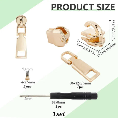 Metal Zipper Repair Kit With Detachable Zip Heads And Screwdriver Stainless Steel Zipper Pull Replacement Accessories For Clothing Purses Suitcases Handbags Shoes Tents And Backpacks Gold, product shown with dimensions
