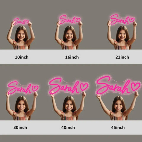 Pink LED Neon Sign For Wall Handmade Decor With Dimmer Room Glow Neon Light For Bedroom Inspirational Light Sign To Boost Vibes Easy Mount Perfect Birthday Party Gift shown in various sizes held by a girl.