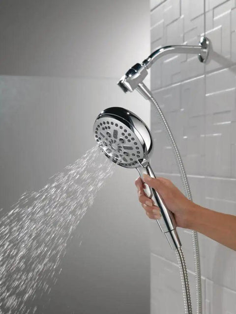 Sure Dock Chrome Hand Shower With MagnaTite Docking And 7 Spray Settings Delivers H2Okinetic PowerDrench Technology spraying water