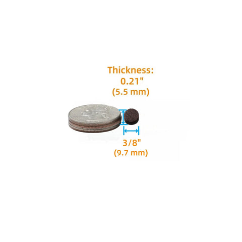 Premium Self Adhesive Felt Pads 3 8 Inch Round Cabinet Door Stoppers And Furniture Bumpers For Hardwood Surfaces next to a quarter for size reference.