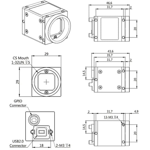 Technical drawings of Monochrome USB 2.0 Industrial Camera With 1.3MP Half Inch Sensor C Mount Rolling Shutter 1280x1024 30fps.