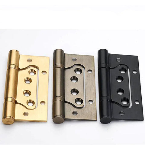 Assorted metal door hinges in gold, silver, and black finish showing design details and finishes.