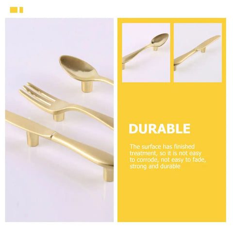 Three-Piece Kitchen Cabinet Handles Set With Gold Finish Drawer Knobs And Pulls For Home Cabinets Doors Bedroom Dresser And Living Room Storage Vintage Silverware Themed Hardware That Installs Fast And Elevates Any Space With A Boss Vibe showing spoon, fork, and knife designs.
