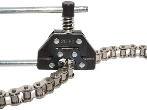 Roller chain breaker tool with chain links, adjustable 25–60 size, metal body