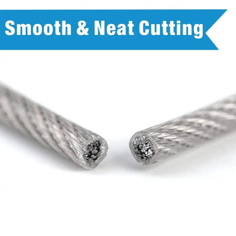Close-up of cut wire rope ends using All In One Wire Rope Swaging Tool With Built In Cutter For Aluminum And Copper Sleeves Stop Loops