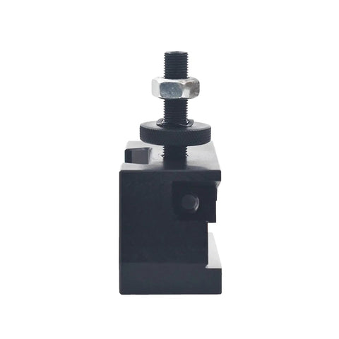 Heavy Duty Wedge Type Piston Quick Change Tool Post For CNC And Mini Lathes shown from side, steel material, compact design.