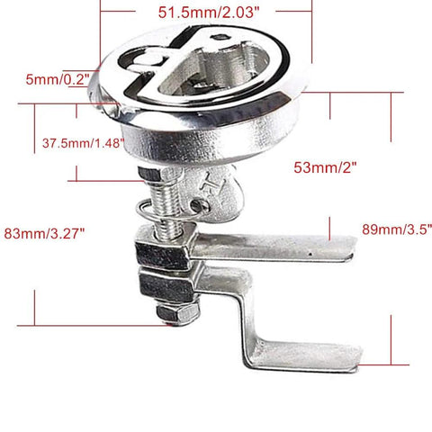 Front view of a stainless steel marine boat flush hatch lift with locking mechanism