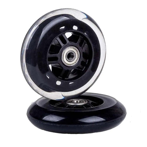 2 Pack 70mm Luggage Replacement Wheels With 8mm Axles And ABEC7 608ZZ Bearings, black roller skate style wheels close-up view