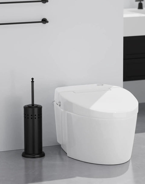Heavy Duty Toilet Plunger With Sturdy Powder Coated Iron Holder For Modern Bathrooms And Beast Mode Suction Rubber Cup That Kicks Nasty Clogs To The Curb In Pure Black Finish next to a sleek white toilet.