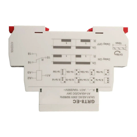Pro Grade Adjustable Time Relay For Automation Panels With Delay From 0.1 Seconds To 10 Days Dual 230 Volt AC And 24 Volt DC Input 10 Amp Output LED Indicator Din Rail Mount Ready For Control Panels. DIN rail module, front view