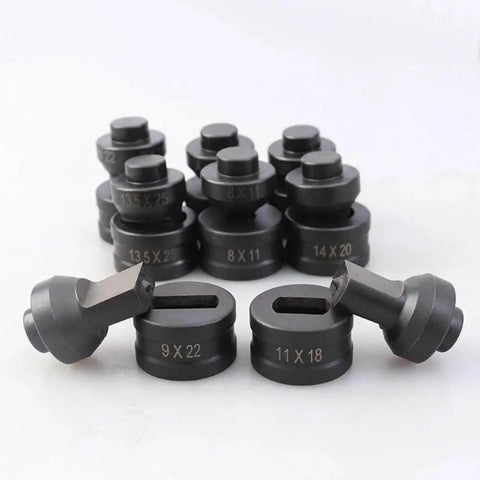 Hydraulic Slotted Die Set for CH60 Punching Machine, featuring assorted die sizes from 5.5x20mm to 14.5x22mm for sheet metal cutting.