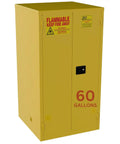 Built Like A Tank 60 Gallon Flammable Safety Cabinet With Self Closing Steel Doors And Heavy Duty Locking Mechanism For Garage Or Industrial Workshop Storage, yellow steel cabinet with flammable warning.