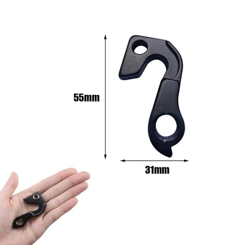 Universal Bicycle Derailleur Hanger With Bolt Black, 55x31mm size, shown in hand for scale, Rear Derailleur Hanger Extender