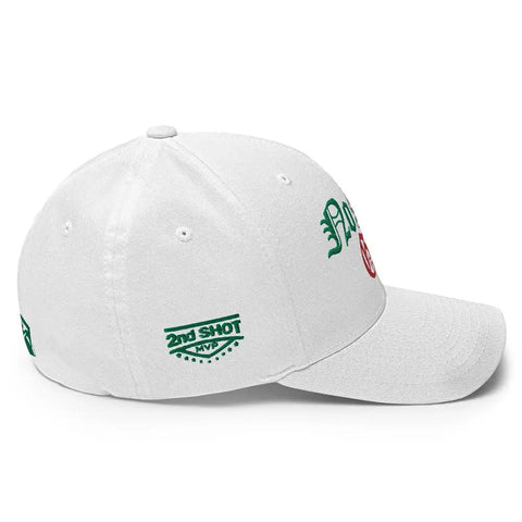 Side view of Mexico Inspired White Fun Golf Hat For Men And Women No Sabo Golf Style Cap with 2nd Shot text, breathable weave.