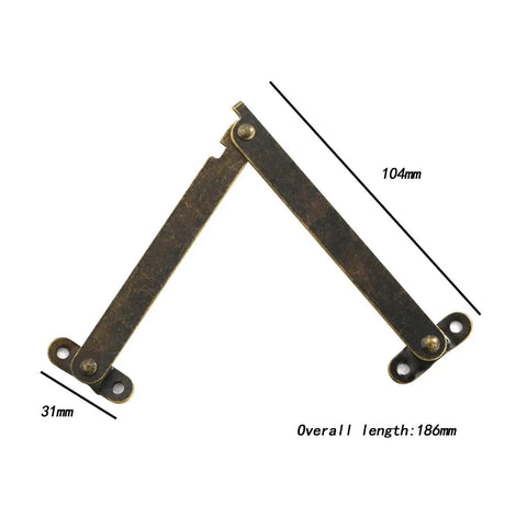 2 Pack Lid Lift Hinge With Damper For Jewelry Boxes And Cases Easy Install Vintage Style Flap Stay Support Prevents Slamming Sturdy Metal Hinge 186x31mm, shown open with measurements.