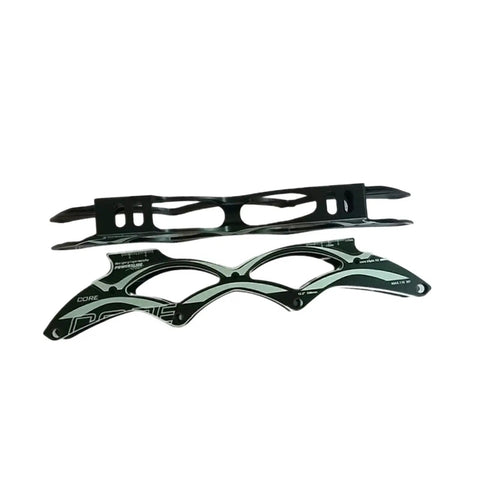 Inline Skate Frame Replacement Two Piece Alloy Frames For 4x110 Wheels Parts Maintenance And Upgrade Shred Ready Durable Aluminum Alloy Construction For Tough Smooth Reliable Riding, shown in black and silver.