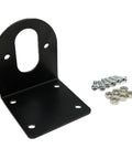 Front view of black metal motor mount bracket with four base mounting holes and curved upright slot, with screws and nuts