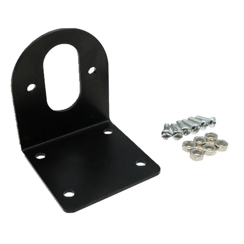 Front view of black metal motor mount bracket with four base mounting holes and curved upright slot, with screws and nuts