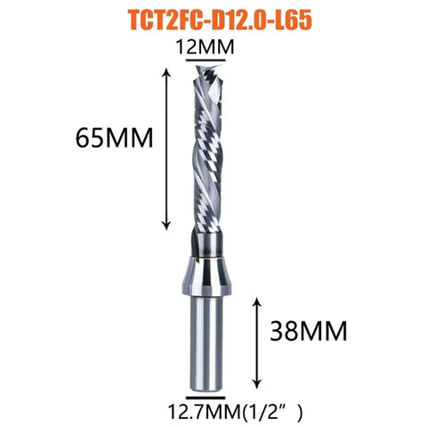 Heavy Duty Compression Router Bit Featuring Premium Carbide Flutes For Clean Flush Trimming Of Hardwood And Laminated Panels With Quick Chip Release That Works Like A Dream, 12.7mm shaft, 65mm long.