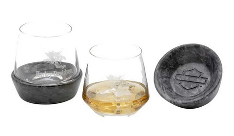 Swooping Eagle Stone Base Double Old Fashion Glass Set 12 Oz Set Of Two With Removable Granite Coasters Etched Eagle Glass