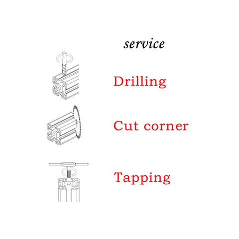 Diagram illustrating services such as drilling, cutting corners, and tapping for Built Tough 3090 T Slot Aluminum Profile 900mm.