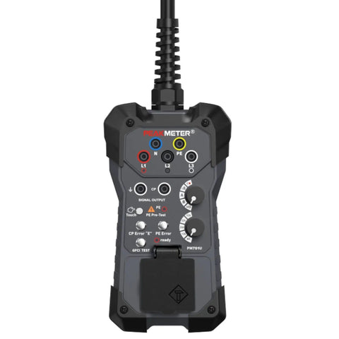 EVSE Charger Tester For Electric Vehicle Charging Stations Plug And Play Simulation Adapter Trigger Quick Response Diagnostics Juiced Up Testing Kit Straight Shooter Station Analyzer - black handheld device with multiple testing features.