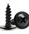 Heavy Duty Phillips Truss Head Wood Screws, 8 By 5/8 Inch, Black Self Tapping Fasteners For Furniture And Woodworking, 145 Piece Pack close-up view of screw heads and threads.