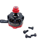 Close-up of High Performance Brushless Motor RS2205 2300KV CW CCW For FPV Racing Quadcopter with screws and aluminum housing.