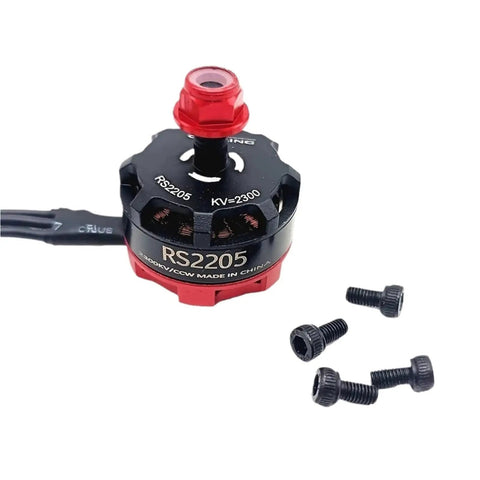 Close-up of High Performance Brushless Motor RS2205 2300KV CW CCW For FPV Racing Quadcopter with screws and aluminum housing.