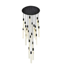 Super Sleek Modern Crystal Pendant Ceiling Light With Twenty Five Bulbs Polished Black Metal Trim Clean Design hanging from ceiling.