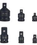 Six Piece Impact Socket Adapter Kit With Case For Size Conversion And Socket Reducer Tool For Impact Drivers, various sizes on display