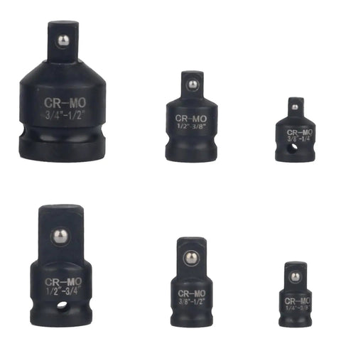 Six Piece Impact Socket Adapter Kit With Case For Size Conversion And Socket Reducer Tool For Impact Drivers, various sizes on display