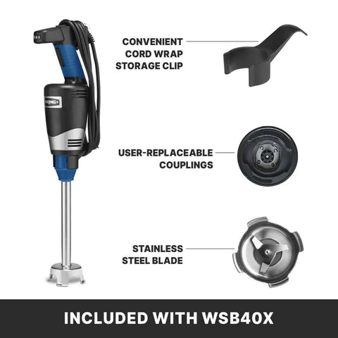 Pro Kitchen Workhorse Immersion Blender With Rock Solid Variable Speed and a Versatile 10 Inch Stainless Shaft, showing user-replaceable couplings.