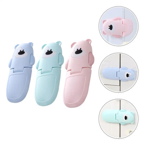 Bear Shaped Safety Locks For Drawers And Cabinets, Non Marking Adhesive, 3 Pack in blue, green, pink colors, double button release