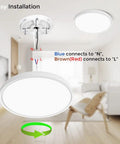 Easy installation of Ultra-Thin 24 Inch LED Flush Mount Ceiling Light, 45W, 5600 Lumens, 5000K Daylight White with wiring diagram.