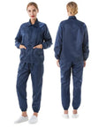 Womens ESD Cleanroom Jacket And Pants Set With Anti Static Conductive Grid Fabric in navy, front and back view, suitable for cleanroom use.