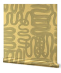 Dope Abstract Graffiti Gold Metallic Wallpaper Fibrous Texture Eco Friendly Type I Class A Fire Rated Made In USA showing wavy patterns.