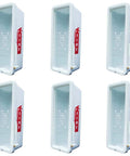 6 Pack White Plastic Outdoor Commercial Fire Extinguisher Cabinet Featuring Breakable Front Panel Lock And Break Glass Hammer To Keep Ten Pound Safety Gear Locked Down Tight Secure From Elements And Thieves No Sweat Storage - six units displayed in array