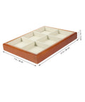 Premium Solid Wood Desktop Jewelry Organizer Tray With Divided Grid Compartments For Rings Necklaces Earrings And Watches Durable Storage Holder shown at an angle with six compartments, dimensions marked.