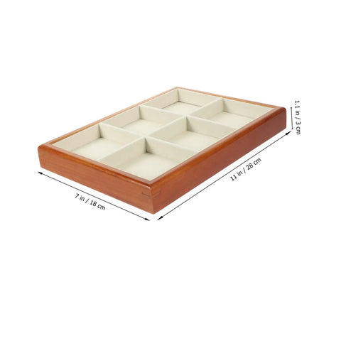 Premium Solid Wood Desktop Jewelry Organizer Tray With Divided Grid Compartments For Rings Necklaces Earrings And Watches Durable Storage Holder shown at an angle with six compartments, dimensions marked.