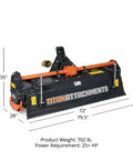 72 Inch 3 Point Rototiller Attachment For Category 1 Tractors, PTO Driven Cultivator With 540 RPM Gearbox, front view, dimensions 72". 