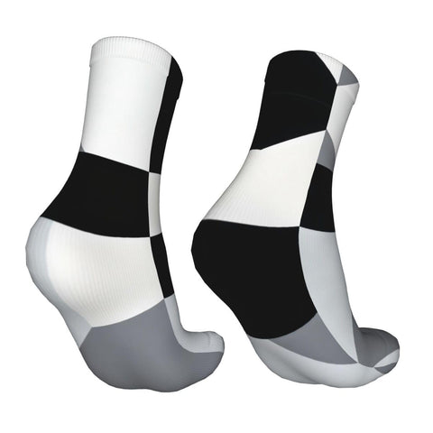 Unisex Black And White Piano Grid Thermal Crew Socks For Cold Snap Days and Breathable Moisture Wicking Winter Footwear.