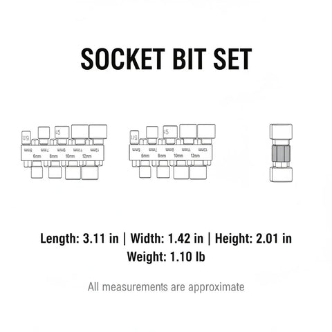 Genuine 9-Piece Drive Socket Set Made From Heavy Duty Chrome Vanadium Steel Bits Perfect For Impact Drivers And Drills To Handle High Torque Automotive Repairs Plus Appliance Maintenance With Durable Black Finish That Stays Tough Through Rough Jobs., 6mm-12mm socket bit set shown with dimensions