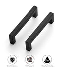 Two 12 Pack Square Cabinet Handles 4.5 Inch Center To Center Matte Black Drawer Pulls For Cabinets Cupboards And Drawers Kitchen Hardware shown with scratch, fingerprint resistance, and oleophobic coating icons.