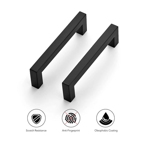 Two 12 Pack Square Cabinet Handles 4.5 Inch Center To Center Matte Black Drawer Pulls For Cabinets Cupboards And Drawers Kitchen Hardware shown with scratch, fingerprint resistance, and oleophobic coating icons.