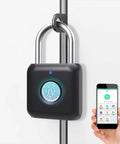 Bluetooth Fingerprint Padlock With App Control Remote Unlock And Unlock History shown unlocked with smartphone app.