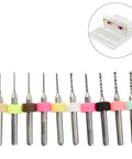 Carbide PCB Drill Bit Kit 10Pcs Pro Grade for Mini Circuit Boards in assorted colors with storage box.
