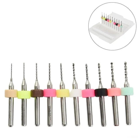 Carbide PCB Drill Bit Kit 10Pcs Pro Grade for Mini Circuit Boards in assorted colors with storage box.